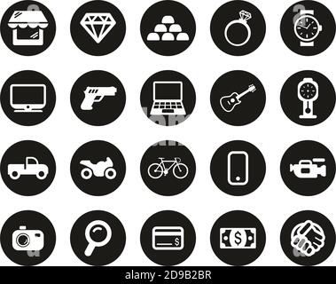 Pawn Shop Oder Thrift Store Icons Weiß Auf Schwarz Flat Design Kreis Set Groß Stock Vektor