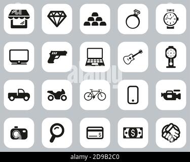 Pawn Shop Oder Thrift Store Icons Black & White Flat Design Set Groß Stock Vektor