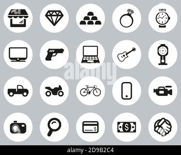 Pawn Shop Oder Thrift Store Icons Black & White Flat Design Kreis Set Groß Stock Vektor