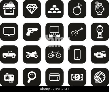 Pawn Shop Oder Thrift Store Icons Weiß Auf Schwarz Flat Design Set Groß Stock Vektor