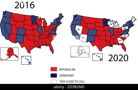 2020 Übersichtskarte von 50 Vereinigten Staaten in Republikanisch Rot, Demokrat Blau für die allgemeinen Präsidentschaftswahlen. Stockfoto