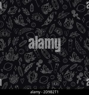 Mystisches Vektor-Nahtloses Muster mit handgezeichneten magischen und okkulten Illustrationen. Magische Elemente. Grafischer Hintergrund im Vintage-Stil. Stock Vektor