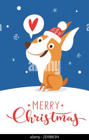 Frohe Weihnachtskarte mit niedlichen Cartoon Corgi Welpen Stock Vektor