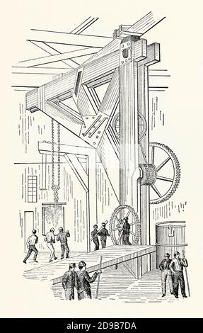 Eine alte Gravur eines riesigen, handbetriebenen, hölzernen Gießereikrans aus dem 19. Jahrhundert. Es ist aus einem viktorianischen Maschinenbaubuch der 1880er Jahre. Ein Kran ist eine Art Maschine, in der Regel verwendet ein Hebeseil, Drahtseile oder Ketten, die sowohl zum Heben und Senken von Materialien und auch zur horizontalen Bewegung verwendet werden kann. Die frühesten Kraniche waren aus Holz, aber Gusseisen, Eisen und Stahl übernahmen – ebenso wie mechanische Kraft, die zuerst von Dampfmaschinen bereitgestellt wurde. Die Größen dieser Auslegerkrane (oder Post- und Auslegerkrane) variieren enorm – hier wird diese große Maschine verwendet, um große Eisenbleche oder Stahlbleche zu bewegen. Stockfoto