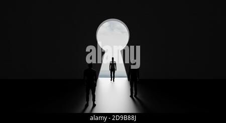 Mann, der aus dem dunklen Zimmer durch eine Schlüssellochtür kommt. Abstraktes Geschäftskonzept 3d Rendering 3d-Illustration Stockfoto