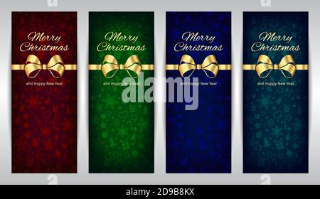 Frohe Weihnachten und Happy New Year rot grün blau Set von vertikalen Vektor-Banner, dunkler Hintergrund mit goldenem Band Stock Vektor