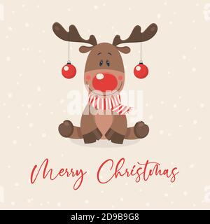 Frohe Weihnachten Postkarte. Vektor Weihnachten Cute Rentier mit Weihnachtskugeln auf den Hörnern in Flat Style. Design-Vorlage für frohe Weihnachten und Stock Vektor