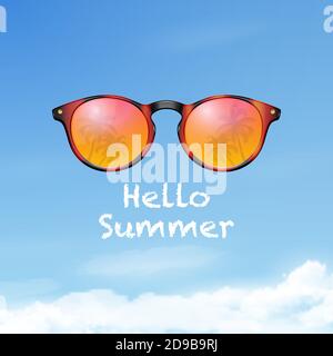 Hallo Sommer. Vektor 3d realistische Plastic Round Leopard umrandet Augensonnenbrille mit Reflexion von Palmen. Nahaufnahme auf Blue Sky Hintergrund. Frauen Stock Vektor
