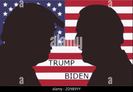 Zukünftiger Präsident der USA. Silhouetten von Donald Trump und Joe Biden vor der amerikanischen Flagge. Präsidentschaftskandidaten auf amerikanischer Flagge. Stockfoto