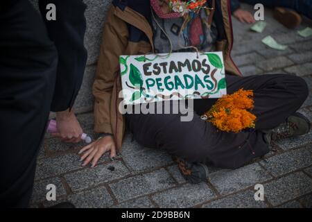 Madrid, Spanien. November 2020. Die Hände des Aussterbens Rebellion-Aktivisten schälen sich mit Ammoniak vom Boden. (Foto von Fer Capdepon Arroyo/Pacific Press) Quelle: Pacific Press Media Production Corp./Alamy Live News Stockfoto