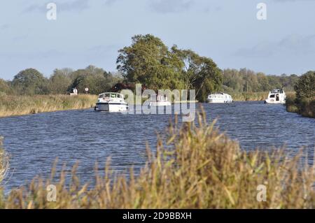 Der Fluss Thurne, Blick nach Norden in Richtung Ludham und Womack Water, Norfolk Broads, England, Großbritannien. Stockfoto