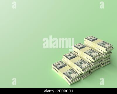 Große Geldstapel aus Dollar auf leerem grünen Hintergrund. Finanzkonzept Stockfoto