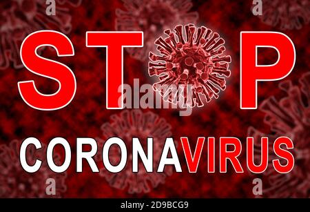 Virus Coronavirus covid-19 mit WORTSTOPP auf dunklem Hintergrund. 3d-Rendering Stockfoto