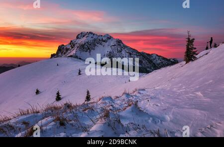 Winterlandschaft in Mala Fatra auf dem Hügel Velky Rozsutec in der Slowakei Stockfoto