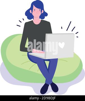 Junge Frau sitzt auf Bohnensessel mit Laptop arbeiten Vektor Abbildung Stock Vektor