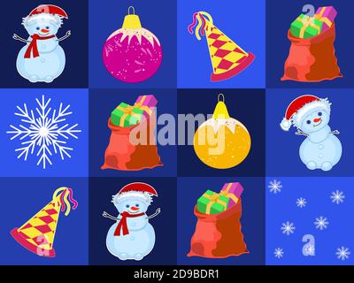 Nahtloses Muster. Weihnachtsstil. Schneemann. Rote Tasche mit Geschenken. Schneeflocken . Der Hut ist festlich. Ein Spielzeug, ein Ball für einen Weihnachtsbaum. Vektor Stock Vektor