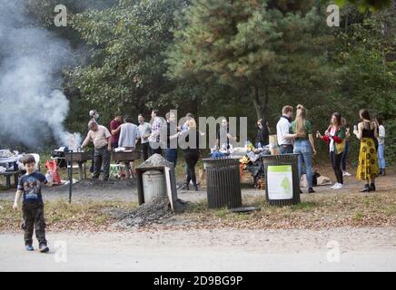 Die Menschen genießen sich bei einer Grillparty im Prospect Park frei und vor allem maskenlos fühlen, obwohl es die Zeit von Covid-19 im Herbst 2020 ist. Stockfoto