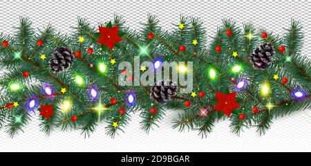 Wintergrenze mit Nadelholzzweigen und Tannenzapfen, heller Girlande, Weihnachtsstern, roten Beeren auf transparentem Hintergrund. Weihnachtsfeiertage. Realistische Vektordarstellung. Stock Vektor