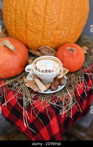 Tasse Kaffee mit Herbstschmuck Stockfoto