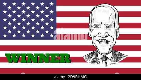 4. Nov 2020, Bangkok, Thailand: Karikaturenporträt des Demokraten Joe Biden, Gewinner der amerikanischen Präsidentschaftswahl 2020, auf US-Flagge. Stock Vektor