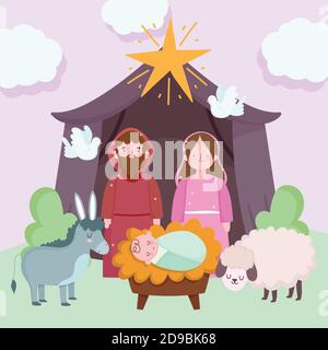 krippe, Krippe niedlich heilige Familie und Tiere in Hütte Cartoon Vektor Illustration Stock Vektor