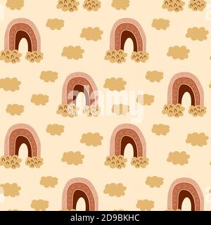 Nahtloses Muster mit Boho handgezeichneten Regenbögen und Wolken auf goldenem Hintergrund. Vektorgrafik. Stock Vektor