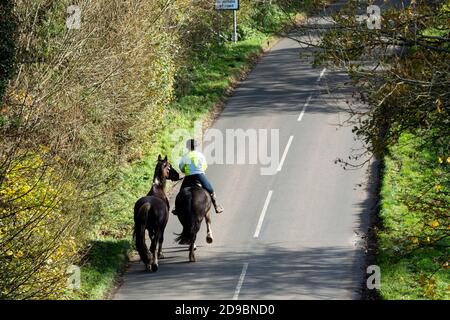 Reiter führt ein weiteres Pferd auf einer Landstraße, Warwickshire, Großbritannien Stockfoto