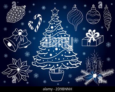 Vektor-Set von Hand gezeichnet weihnachtselemente auf blauem Hintergrund Stock Vektor