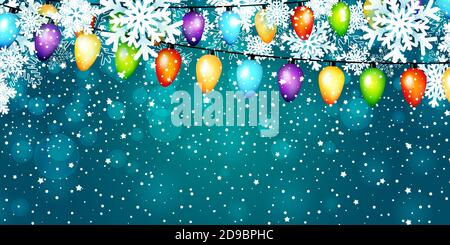 Weihnachten Glühbirnen Girlanden und Papier Schneeflocken auf blauem Hintergrund. Vektorgrafik Stock Vektor