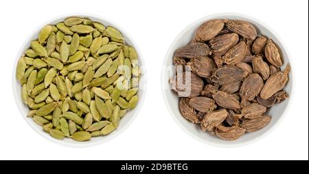 Grüne und schwarze Kardamom-Schoten in weißen Schalen. Verarbeitete Früchte und Samen von Elettaria cardamomum und Amomum subulatum, beide als Gewürz verwendet. Stockfoto