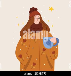 Ein Mädchen in einer warmen Jacke trinkt Tee, Glühwein oder Kaffee.Frohe Winterferien. Illustration für Kinderbuch.Einfache Illustration. Niedliches Poster. Stock Vektor