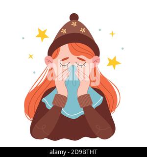 Ein rothaariges Mädchen in einem braunen warmen Hut bläst ihre Nase in ein Taschentuch. Mädchen niesen in Gewebe. Die kranke junge Frau zu Hause. Stock Vektor