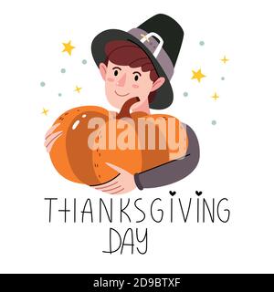 Junge mit einem Kürbis.Thanksgiving Charakter im Pilger Kostüm.Halloween und Thanksgiving Zeit Spaß.Illustration für Kinderbuch. Niedliches Poster. Stock Vektor