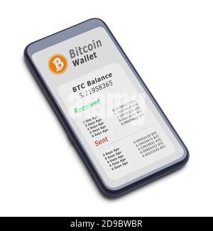 Smartphone mit Bitcoin-Brieftasche auf Weiß geschnitten. Stockfoto