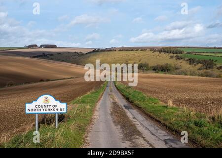 Burdale, North Yorkshire, England, 28/10/2020 - Landstraße, die in die Ferne mit sanften Hügeln führt Stockfoto