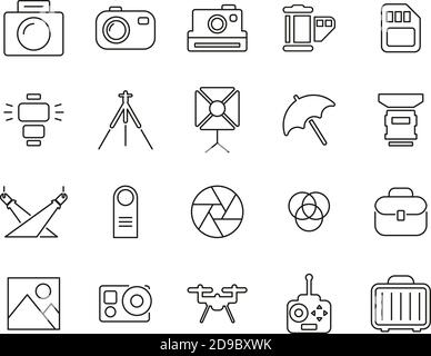 Fotografie Ausrüstung Icons Schwarz & Weiß Thin Line Set Groß Stock Vektor