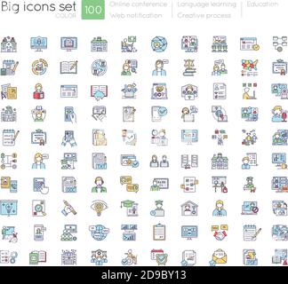 Online-Bildung blau RGB-Farbsymbole eingestellt Stock Vektor