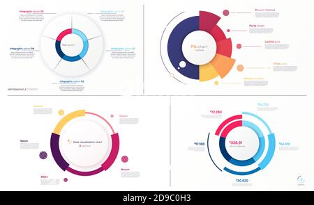 Set von Vektor-Kreis-Diagramm-Designs, moderne Vorlagen für die Erstellung von Infografiken, Präsentationen, Berichte, Visualisierungen Stock Vektor