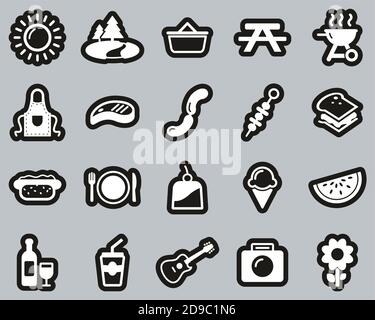 Picknick Oder Grill Icons Weiß Auf Schwarz Sticker Set Groß Stock Vektor