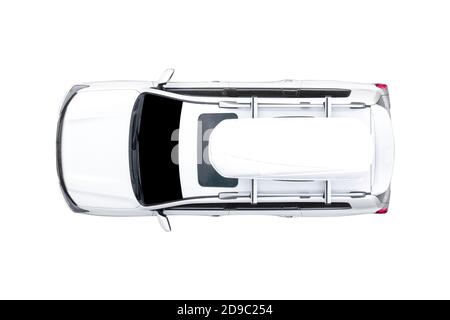 Moderne weiße SUV-Auto isoliert auf weißem Hintergrund. Draufsicht des weißen Autos isoliert über weißem Hintergrund mit Clipping Pfad. Luftaufnahme isoliert Auto w Stockfoto