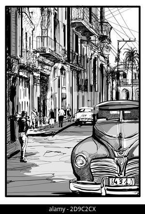Oldtimer-Klassiker in einer Straße von Havanna, Kuba - Vektor-Illustration Stock Vektor