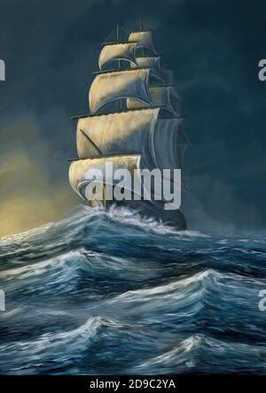 Segeln altes Schiff in der Sturmsee. Galeone unter dem dunklen Himmel. Digitale Malerei Illustration. Stockfoto