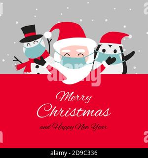 Schneemann Pinguin und santa cluas sind glücklich Emotion und tragen Masken mit Weihnachtseinladungskarte Design, Vektor-Illustration Stock Vektor