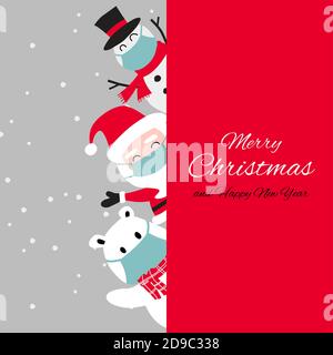 Schneemann Eisbär und santa cluas sind glücklich Emotion und Tragen Sie Masken mit Weihnachten Einladung Karte Design, Vektor-Illustration Stock Vektor