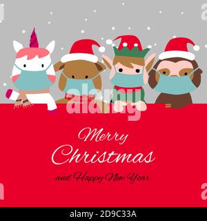 Schneemann Pinguin und santa cluas sind glücklich Emotion und tragen Masken mit Weihnachtseinladungskarte Design, Vektor-Illustration Stock Vektor