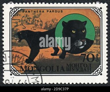 Eine in der Mongolei gedruckte Briefmarke zeigt einen schwarzen Panther, Serie Wild Cat, um 1979 Stockfoto