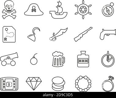 Pirate Icons Schwarz & Weiß Thin Line Set Groß Stock Vektor