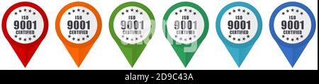 ISO 9001 Vektorzeiger, Satz von bunten flachen Design-Symbole isoliert auf weißem Hintergrund Stock Vektor