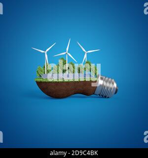 Sonnenkollektoren und Windmühlen. Allegorische Glühbirne. Blaue Version. Stockfoto