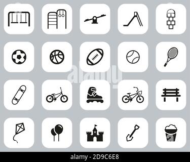 Spielplatz Oder Park Icons Black & White Flat Design Set Groß Stock Vektor